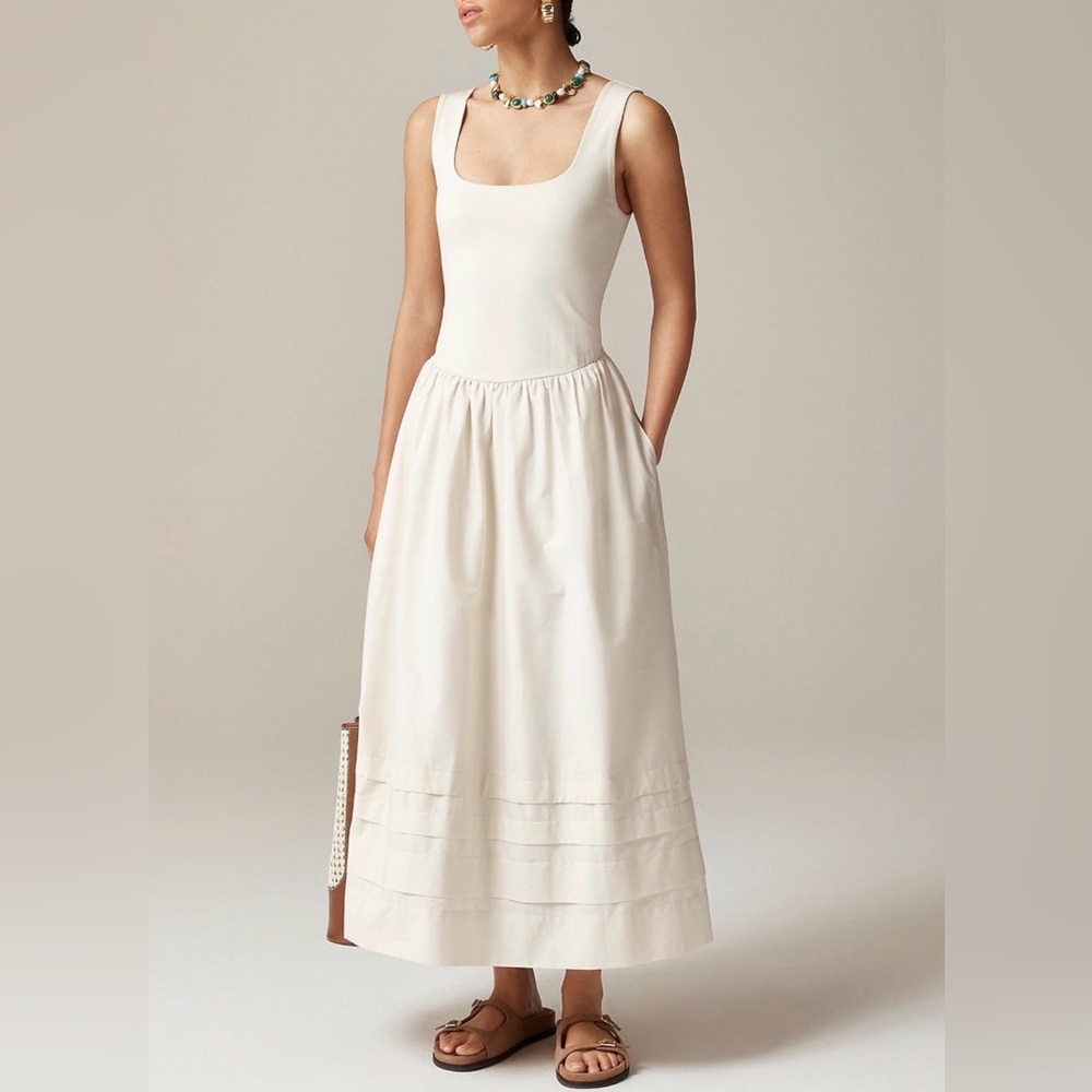 J.Crew Cream Drop Waist Mixy Dress L Large White Minimalist Cotton Pocket Midi